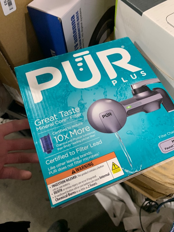Photo 1 of PUR Plus Horizontal Faucet Mount Filtration System with 3-in-1 Lead Reducing Filter, Water Filter for Sink, Lasts 100 Gallons, Compatible with Sinks with External Aerators, Metallic Grey