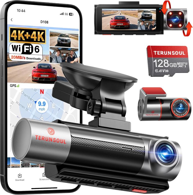 Photo 1 of 4K+4K+1080P 3 Channel Dash Cam Front and Rear with Cabin, Free 128GB Card Included, 5.8GHz WiFi6 - up to 20MB/s, IR Night Vision, Built-in GPS, G-Sensor, 24H Parking Mode, Support 512GB Max
