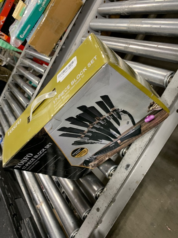 Photo 1 of **DAMAGED** YOSFO Kitchen Knife Sets with Block and Sharpener, 17Pcs Stainless Steel Knife Set includes Serrated Steak Knives Set, Chef Santoku Knives, Scissor, Knife Holder (Black Knife Set with Block)