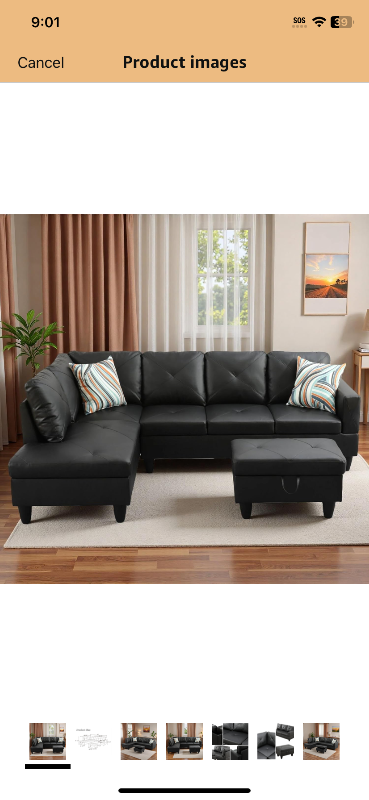 Photo 1 of L-Shaped Sectional Sofa with Movable Chaise & Storage Ottoman, Leather 3-Piece Modular Convertible Couches for Living Room, Apartment & Office, Black