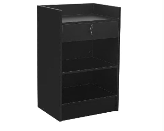 Photo 1 of WISDOMFUR Portable Cash Register Stand - Black Cash Wrap Checkout Desk with Drawer for Retail, Meetings, Reception & Events