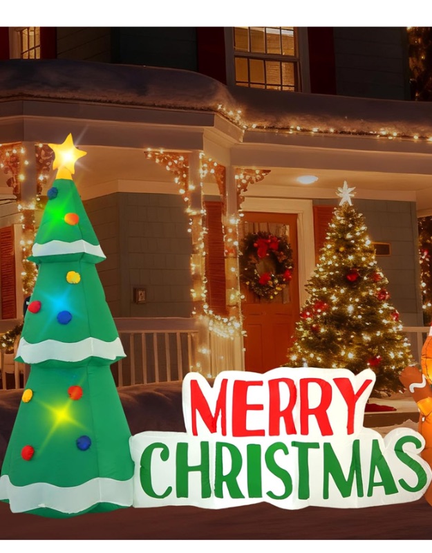 Photo 1 of 10FT Christmas Inflatable Outdoor Decorations, Christmas Tree Road Sign Pancake Man Inflatable Yard Decorations with LED Lights for Indoor and Outdoor Yard Garden Christmas Decorations
