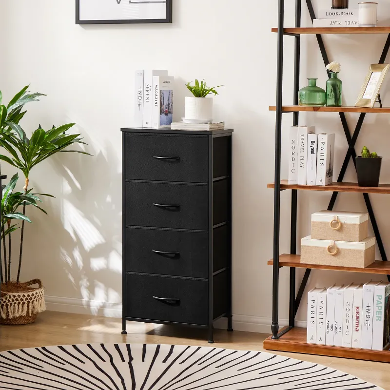 Photo 1 of 4 Drawer Dresser, Wide Chest Drawers Nightstand Storage Tower Storage Fabric Dresser With Wood Top for Living Room, Bedroom, Closet, Black
*** MINOR DAMAGE REFER TO PHOTO ***