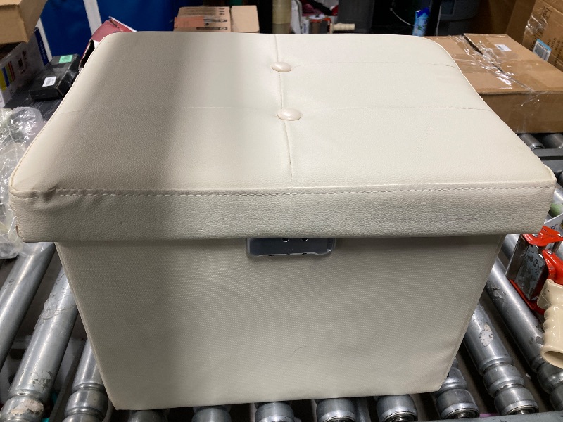 Photo 1 of *Cut on the underside on top* Tamfile Small Ottoman with Storage, 17 x 13 x 13 inch Fireproof Safe Folding Ottoman with Lock for Important Documents, Waterproof Foot Rest Stool with Storage, Ottoman Foot Rest with Handle, Beige