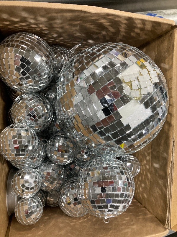 Photo 1 of **LARGE BALL IS DAMAGED-SEE PIC/SOME ARE MISSING HOOK**54 Pcs Disco Ball Hanging Decor - Mini Silver Mirror Ball Cake Topper for 74s Themed Party, Wedding, Christmas Supplies