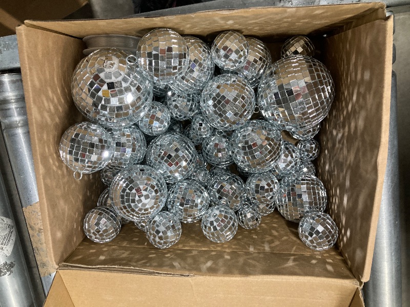 Photo 1 of **LARGE BALL IS DAMAGED-SEE PIC/SOME ARE MISSING HOOK**54 Pcs Disco Ball Hanging Decor - Mini Silver Mirror Ball Cake Topper for 74s Themed Party, Wedding, Christmas Supplies