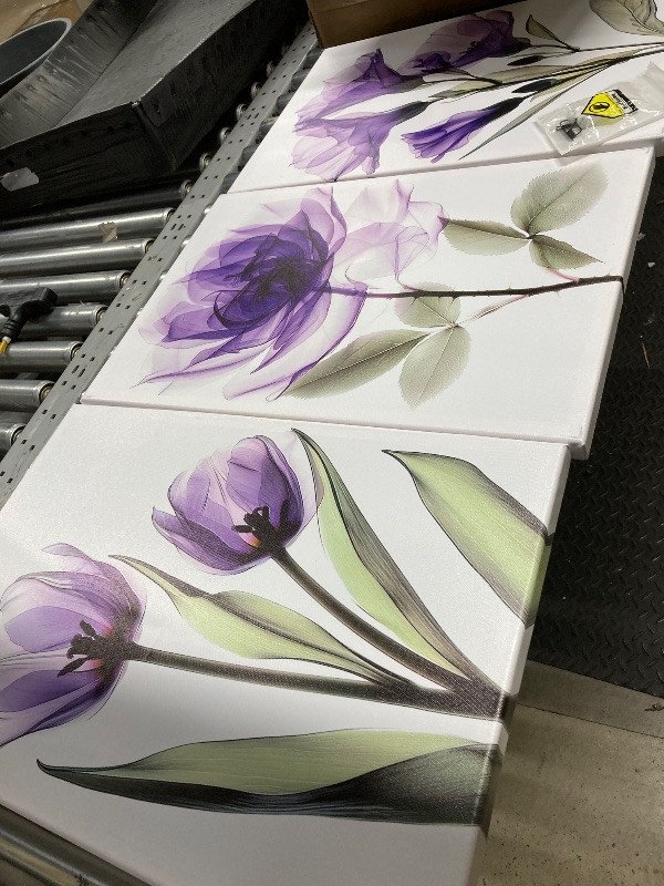 Photo 1 of *Stained?/Smudged* KREATIVE ARTS Chic Tropical Home Decor - 3 Piece Set, 16x24'' Each, Purple X-Ray Flowers Giclee Print, Modern Photographic Floral Canvas Wall Art, Ready to Hang for Bathroom, Bedroom