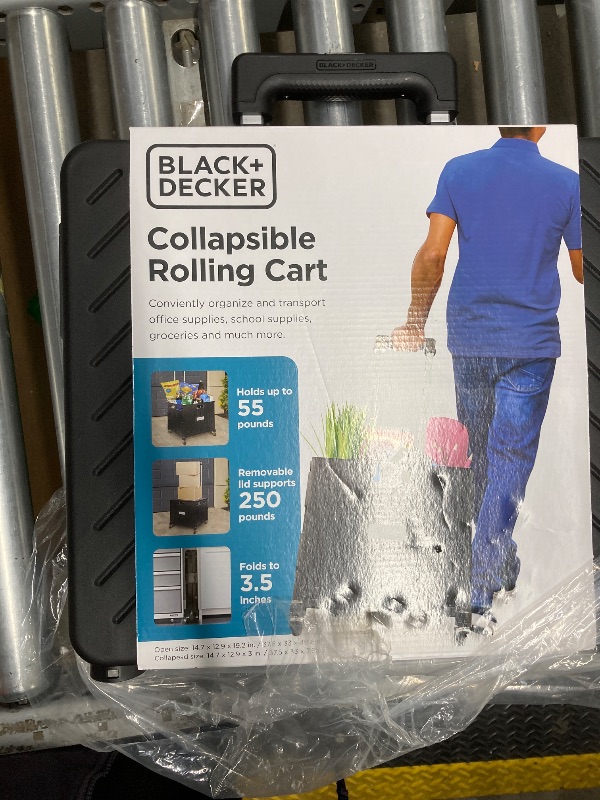 Photo 1 of *2 Wheels Missing* BLACK+DECKER Small Collapsible Pack N Roll Folding Utility Cart with Lid, 4 Wheels, Adjustable Handle, Portable, Black
