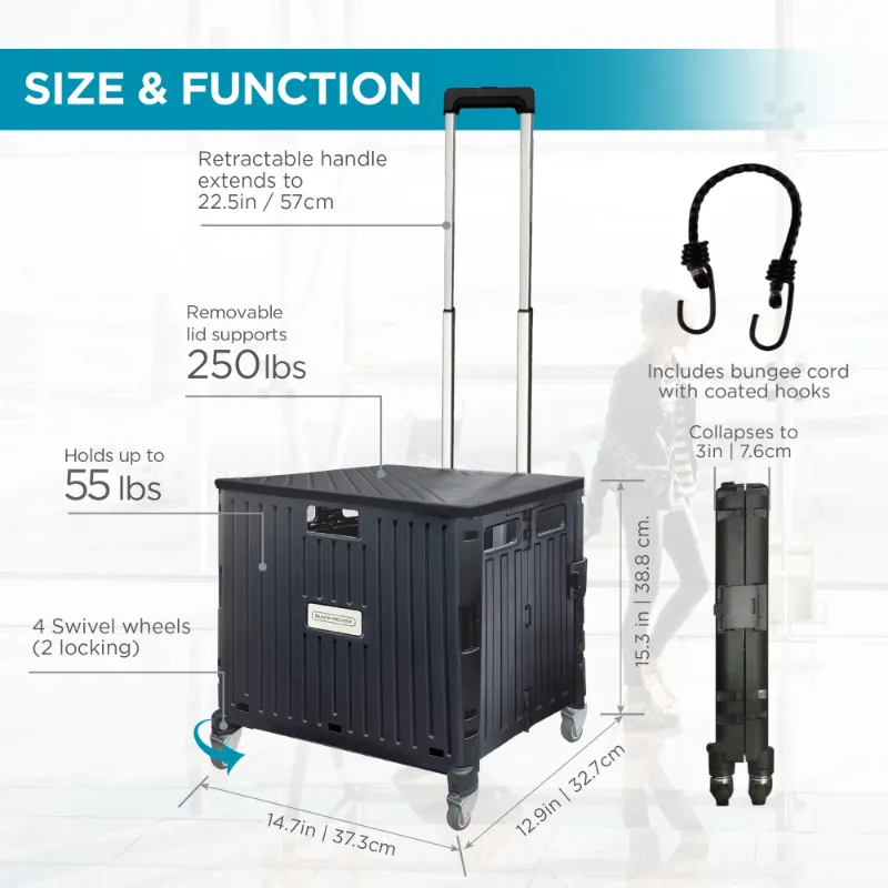 Photo 1 of *2 Wheels Missing* BLACK+DECKER Small Collapsible Pack N Roll Folding Utility Cart with Lid, 4 Wheels, Adjustable Handle, Portable, Black