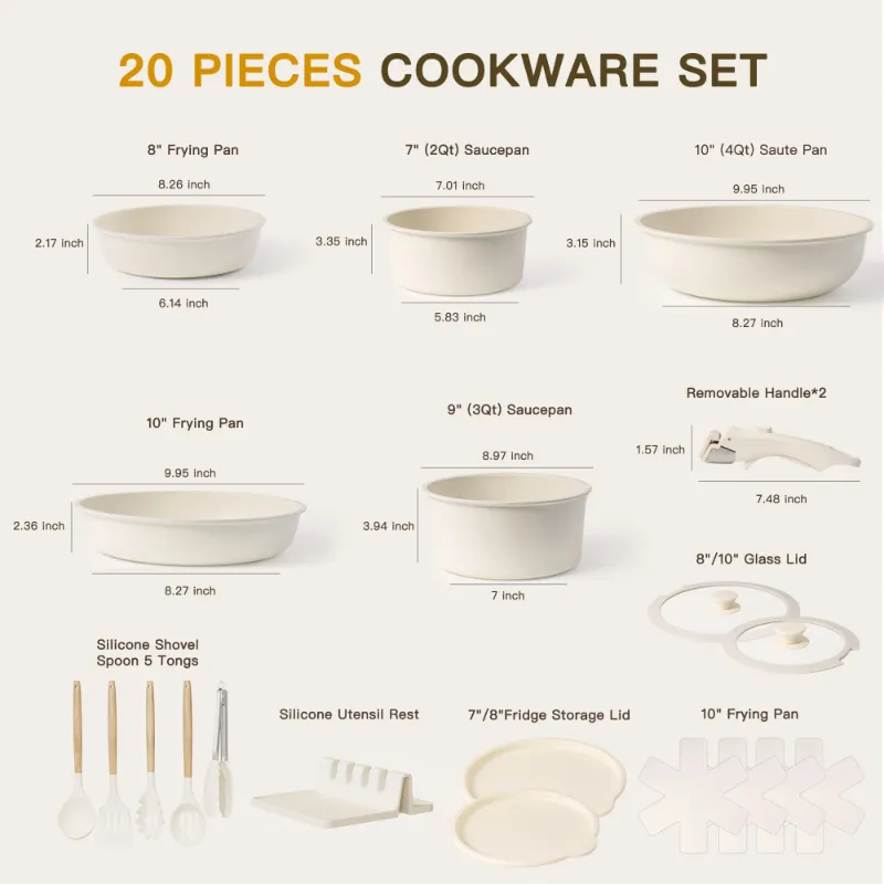 Photo 1 of **MISSING SIDE HANDLES ON POTS***Astercook 20 Piece Pots and Pans Set Non Stick, Cookware Set with Detachable Handle, Oven Safe, Induction Ready, Stackable RV Kitchen Cooking Set Removable Handles, Cream White