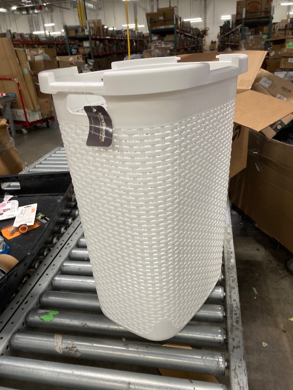 Photo 1 of **missing parts  ***Mind Reader Slim Laundry Hamper with Lid, 60L Clothes Basket, Premium Wicker Design, Plastic, White