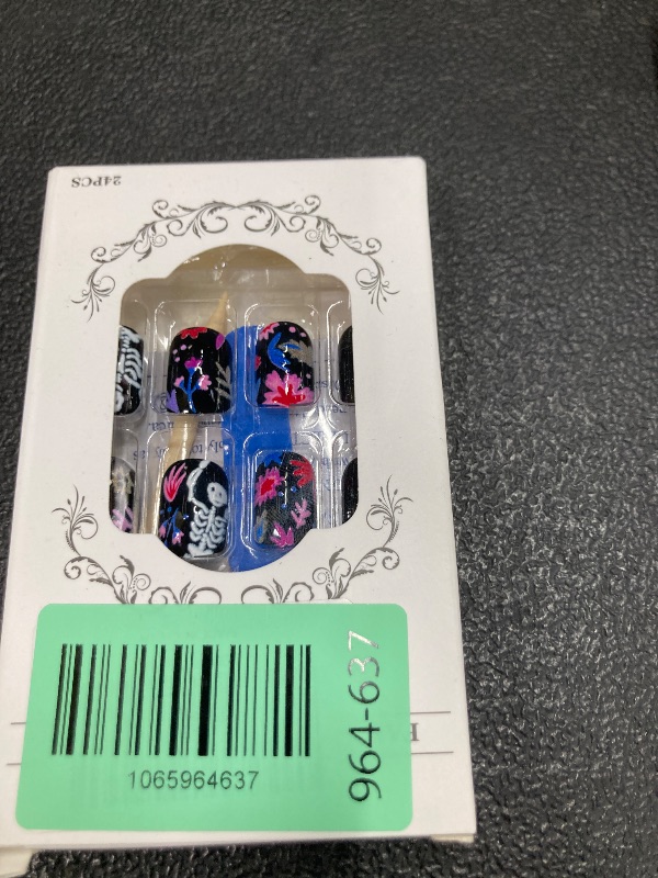 Photo 1 of 24 Pcs Halloween Press on Nails Extra Short Square Fake Nails Flower Stick on Nail Halloween Skull Designs Full Cover Acrylic Nail Kit Reusable False Nails Stick on Nail for Womens