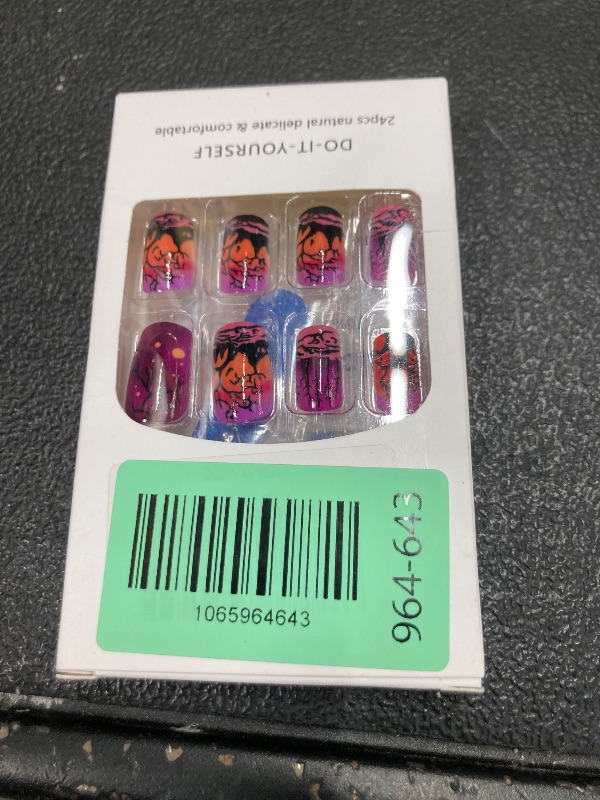 Photo 1 of 24 Pcs Halloween Press on Nails Castle and Black Withered Tree Designs Full Cover False Nails Reusable Short Square Stick on Nail for Women Halloween Manicure Art Decor