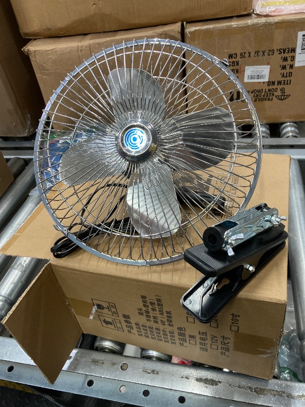 Photo 1 of 10-Inch Silver Cigarette Lighter Fan, Two-Speed Adjustment, 360-Degree Rotation, Clip-On Design 12 Volt Fan, Perfect for Cars, Trucks, RVs and More (Cord Length 6.56FT)