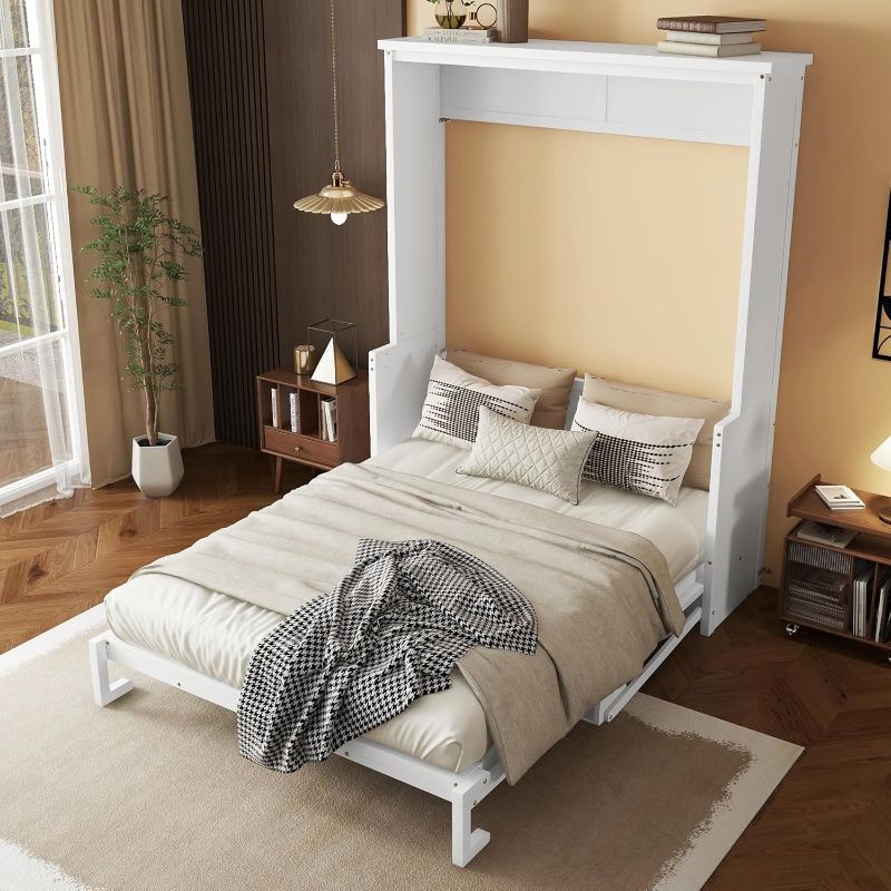 Photo 1 of **COMES WITH 2 BOXES-COMPLETE SET***KEIKI Queen Size Wall Murphy Bed, Pine Wood Cabinet with Hidden Foldable Bed & Desk, Gas Strut Support for Guest Room, Bedroom, or Living Room, White