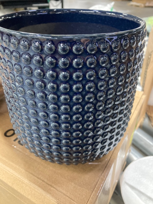 Photo 1 of **POTS IS BLUE AND MISSING SAUCER***Chubacoo 8 Inch Plant Pots: Ceramic Planter with Drainage Hole & Saucer - Flowerpot for Indoor & Outdoor Plants - Beaded Embossed Design DARK BLUE - with Separate Tray