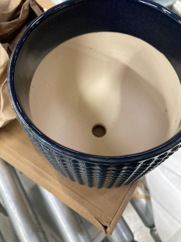 Photo 1 of **POTS IS BLUE AND MISSING SAUCER***Chubacoo 8 Inch Plant Pots: Ceramic Planter with Drainage Hole & Saucer - Flowerpot for Indoor & Outdoor Plants - Beaded Embossed Design DARK BLUE - with Separate Tray