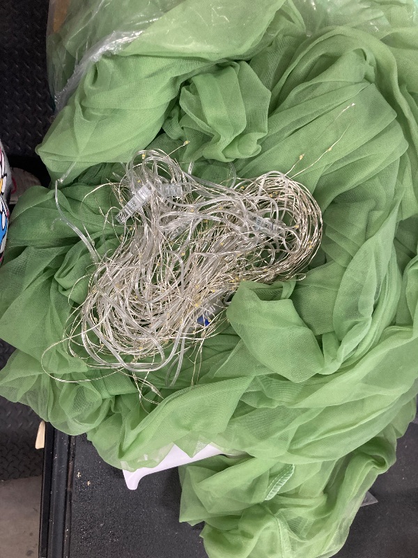 Photo 1 of 10x10ft Olive Green Tulle Backdrop Curtain with Lights String for Parites, Sheer Backdrop Curtains for Wedding Baby Shower Birthday Party Photo Shoot Decorations