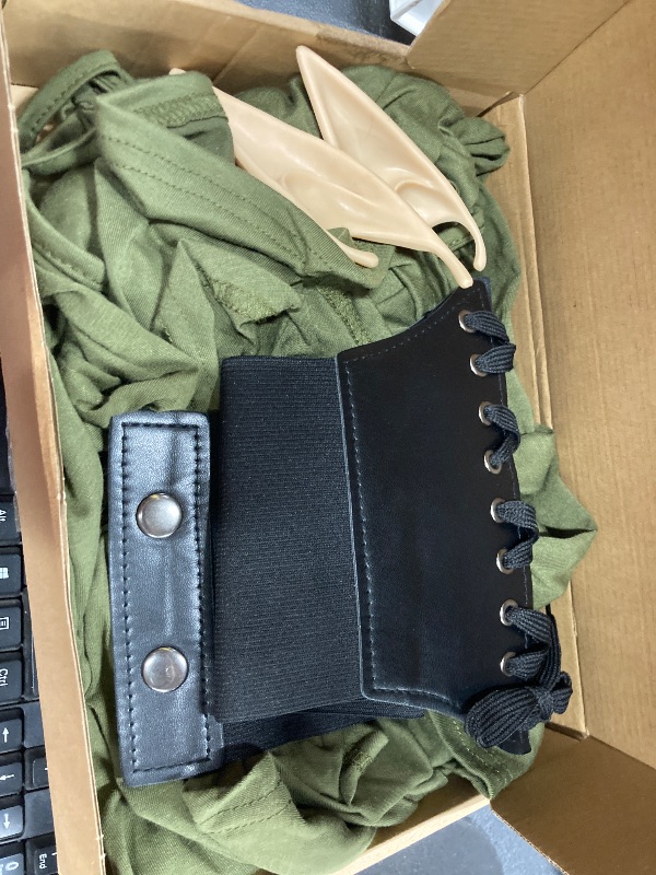 Photo 1 of ***MISSING LEG COVERS***Jeyiour 5 Pcs Women Renaissance Fairy Costumes Set Medieval Hooded Robe Elf Ears Accessories for Halloween Cosplay (Army Green,X-Large)