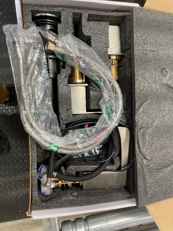 Photo 1 of **THIS IS MISSING THE BASE OF THE FAUCET**

Waterfall Bathroom Faucet for Sink 3 Hole, 4 inch, Brushed Nickel Waterfall Sink Faucets with Pop-up Drain and 2 Supply Hoses, Stainless Steel 2-Handle Centerset Faucet for Sink Vanity, T-6008BN