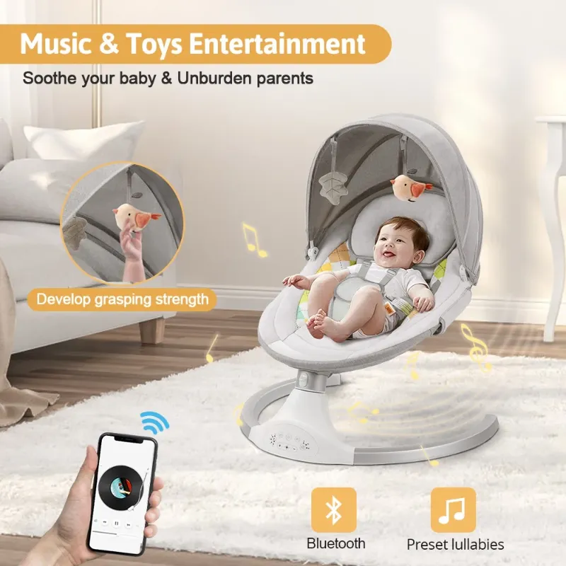 Photo 1 of Baby Swing for Infants, Caveen Baby Rocker with Dinner Plate, 5 Swing Speeds, Adapter Battery Operated, Indoor,Outdoor, Grey