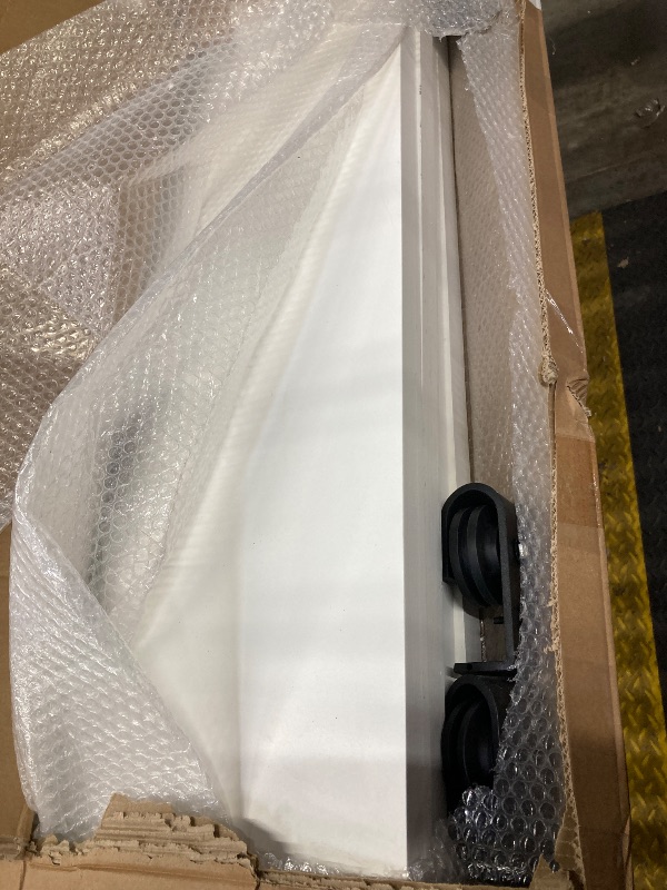 Photo 1 of 60 in. x 84 in. 1 Panel Shaker Hollow Core White Composite Double Bi-Fold Door with Barn Door Hardware Kit