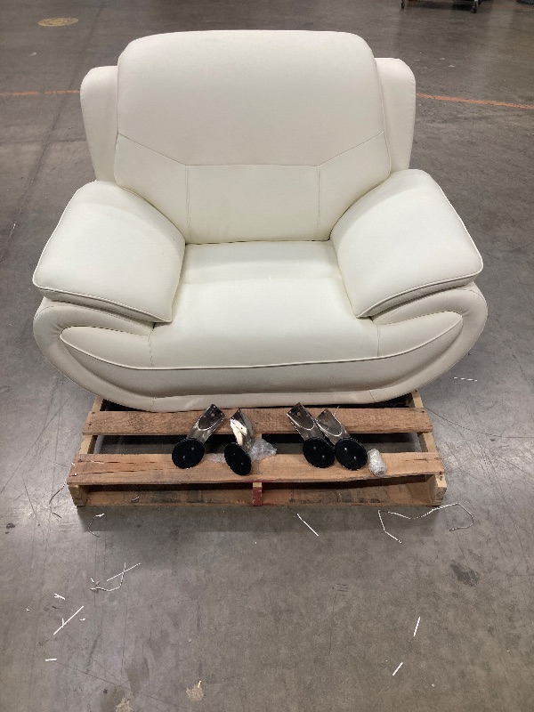 Photo 1 of Benjara Deni 48 Inch Accent Sofa Chair, Tufted Real Leather, Metal, Ivory and Chrome. ***The legs there are underneath look for the zipper**.