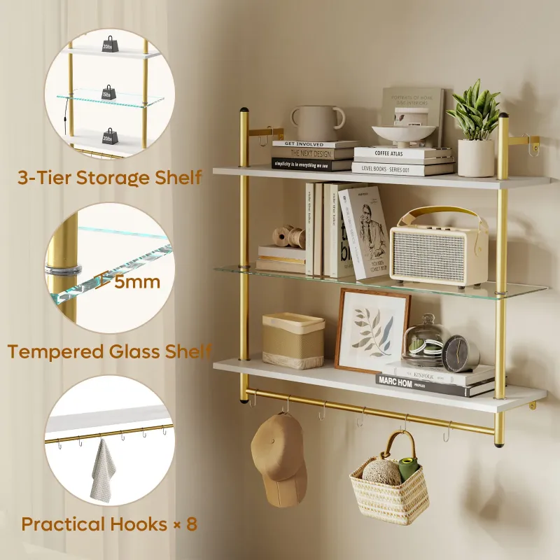 Photo 1 of ***It's used and missing a part, and it's unknown if it works 100%***** 41" Floating Shelves for Wall with LED Light 3-Tier Wall-Mounted Wood Shelves with 8 S-Hooks, White Finish & Gold Frame