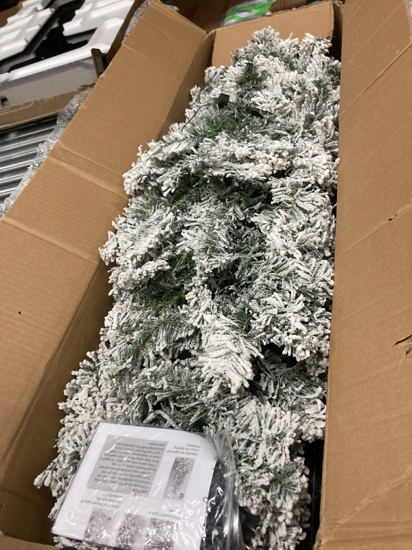 View 2 of ***It's used and missing a part, and it's unknown if it works 100%*** 6.5ft Pre-Lit Snow Flocked Slim Christmas Tree with 1000 Tips 250 Warm Lights, Hinged Artificial Holiday Xmas Pine Tree, White