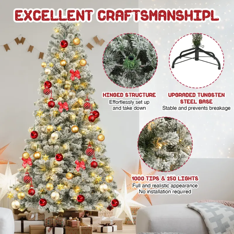 View 1 of ***It's used and missing a part, and it's unknown if it works 100%*** 6.5ft Pre-Lit Snow Flocked Slim Christmas Tree with 1000 Tips 250 Warm Lights, Hinged Artificial Holiday Xmas Pine Tree, White