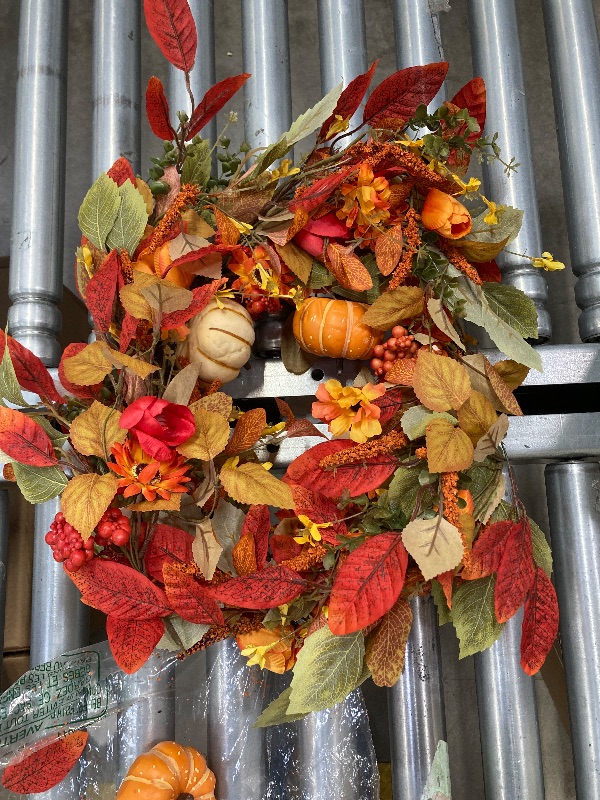 Photo 1 of ***(DAMAGE -SELLING AS IS ONLY)*** Waipfaru Fall Wreaths for Front Door Outside, 16 Inch Fall Decorations for Home, Large Autumn Wreath with Pumpkin for Indoor Outdoor Porch Thanksgiving Farmhouse Harvest Decor  ***(DAMAGE, BROKEN STEMS/PARTS, MISSING PIE