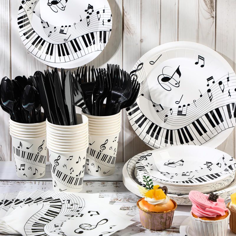 Photo 1 of 160 Pieces Musical Party Supplies Disposable Musical Notes Tableware Set Serves 24 with Plates Napkins Cups Banner Plastic Musical Tablecloths for Music Themed Birthday Party Decorations