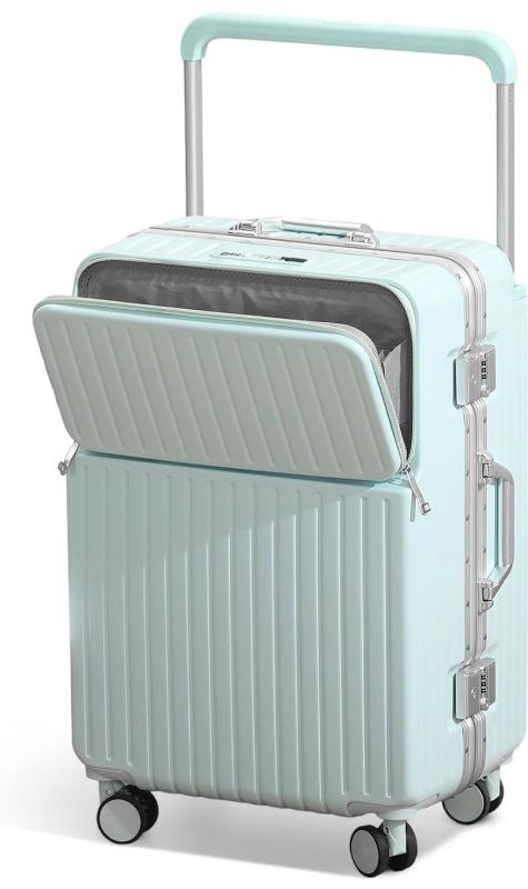 Photo 1 of 20" Aluminum Frame PC Hard Shell Spinner Suitcase for Travel, Cabin Luggage Airline Certified, 360° Spinner, TSA Lock, Cup and Phone Holder, USB Charging Port, Sky Blue (Sky blue, 24 in)