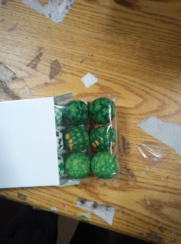 Photo 1 of 12 Pieces St Patrick's Day Shamrocks Wrapped Balls Shamrock Fabric Bowl Filler Irish Clover Fabric Wrapped Balls for Saint Patrick's Day Decoration Table Shelf Home Party Supply, 2 Inch Diameter
