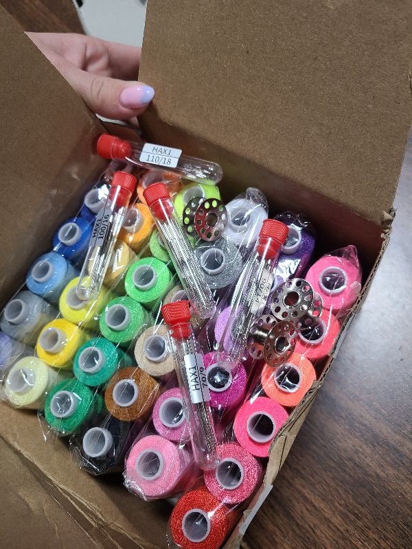 Photo 1 of 125 Pcs Sewing Thread Kit, 36 Assorted Colors Machine Threads with Spools, 400 Yards Prewound Bobbins Set with 50 Machine Needles (70/9, 75/11, 90/14, 100/16 110/18) for Universal Sewing Machines Use