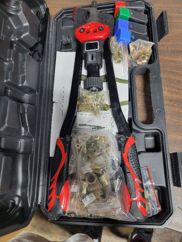 Photo 1 of 16-Inch Professional Rivet Nut Kit,Heavy Duty Rivnut/Nutsert Tool with Quick-Change Mandrels,Lever Rivet Nut Gun with Stroke Indicator,Threaded Insert Tool w/15 Mandrels & 170 Nutserts,Carrying Case