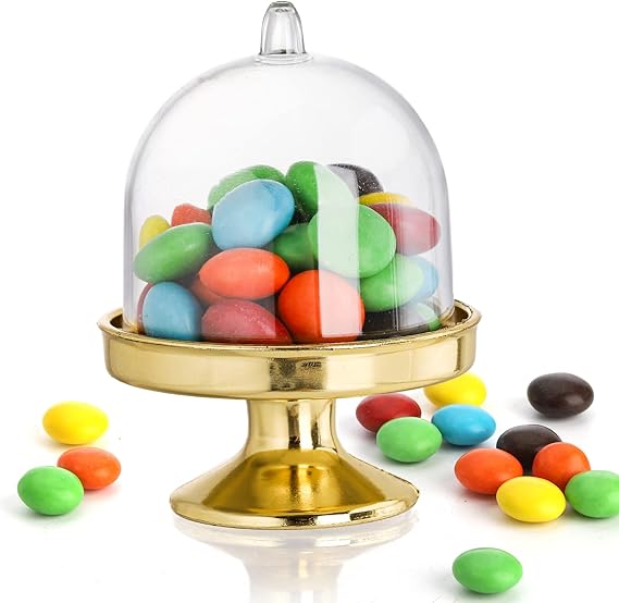 Photo 1 of **MSRP 13.99**Okllen 12 Pack Mini Cake Stand with Lid, Plastic Cupcake Stand Plate Dome Cover, Clear Small Cake Display Stand for Chocolate, Dessert, Wedding, Birthday, Baby Shower, Tea Party Supplies, GOLD