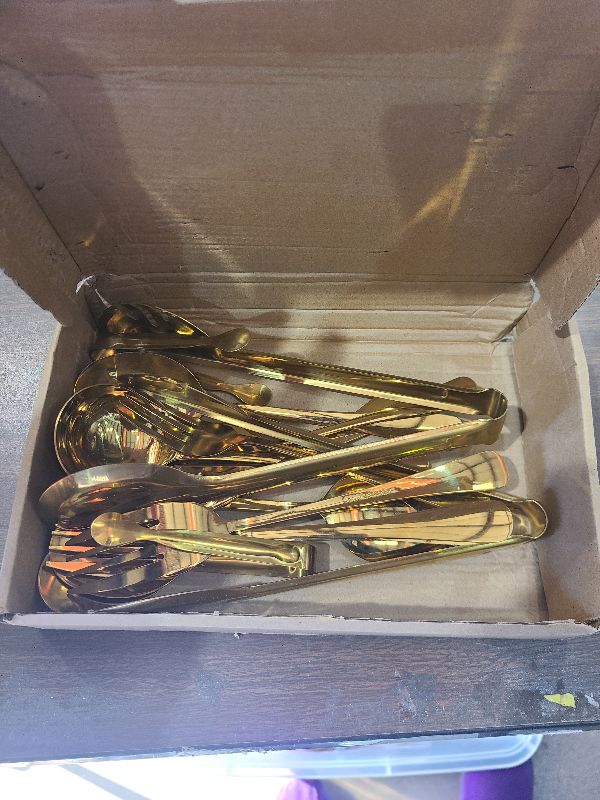 Photo 1 of 12Pcs Gold Serving Utensils Set, Stainless Steel Serving Utensils Set includes Serving Spoon, Serving Solted Spoons, Fork, Sugar Tongs, Food Tongs, Cake Spatula, Soup Spoon for Parties, Buffet