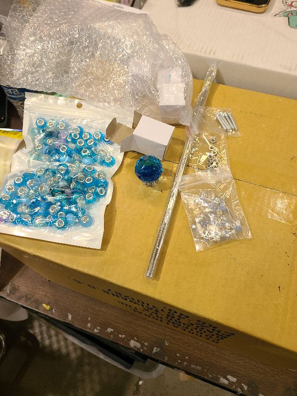 View 2 of 121 Pcs DIY Fairy Wand Beaded Garden Stakes Kit, Fairy Wands Garden Kit Blue Large Hole Bead with Sparkling Pendants Crystal Stopper Top Threaded Rod Beaded Garden Stakes Supplies Outdoor Decorative