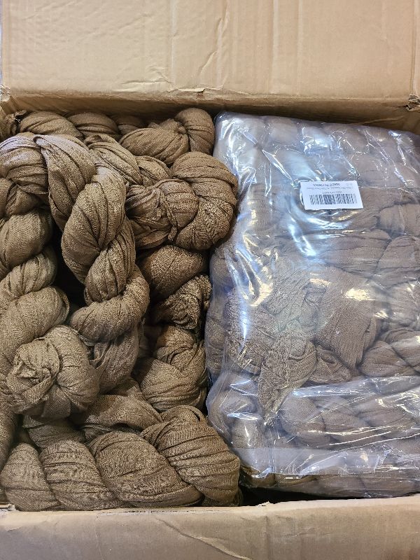 Photo 1 of 12 Pack 10Ft Cheesecloth Table Runner 35x120 Inch Boho Gauze Table Runner Rustic Cheese Cloth Long Romantic Table Runners for Wedding Bridal Shower Birthday Party Table Decor (Brown)