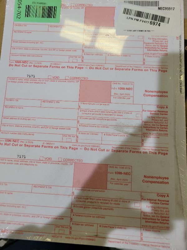 Photo 1 of 1099 NEC Forms 2025, 50 Pack 3 Part Laser Tax Forms Kit Pack of Federal/State Copy's, 1096's. Great for QuickBooks and Accounting Software, 2025, 1099-NEC 50 Pack