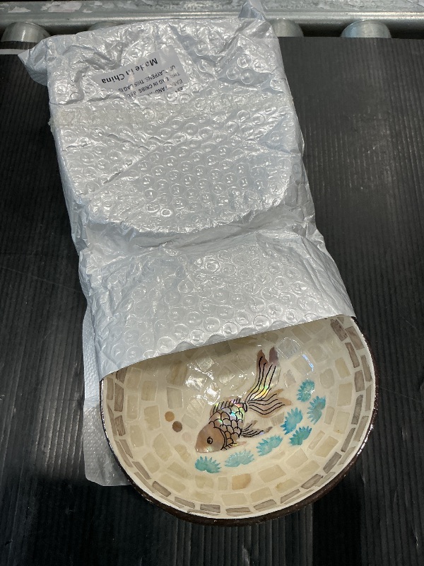 Photo 1 of ***MINOR DAMAGE*** WIizyzfhy Handcrafted Natural Coconut Bowl with Mother of Pearl Inlay Versatile Decorative Storage for Snacks Candy container Nut rack Fruit (Goldfish pattern)