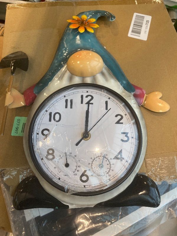 Photo 1 of ***MAJOR DAMAGE*** ***READ CLERK NOTES*** HOBYLUBY Gnome Outdoor Clock with Thermometer & Humidity, 14.5'' Quartz Outdoor Wall Clock Silent No-Ticking for Patio, Living Room, Kitchen