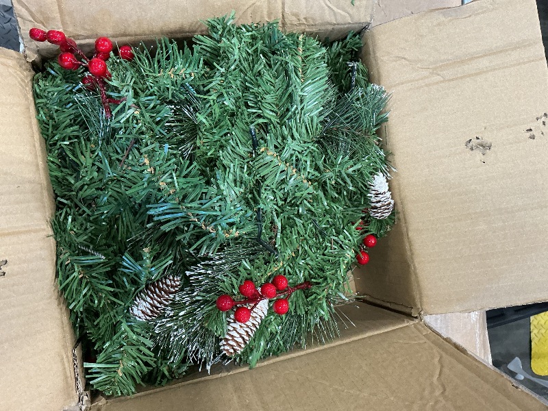 Photo 1 of [ Timer & 8 Modes ] 9 Ft by 10 Inch 50 LED Prelit Christmas Garland Decorations Warm White Lights Thick 270 Snowy Tips 70 Red Berry 10 Pinecone Xmas Decor Garland Indoor