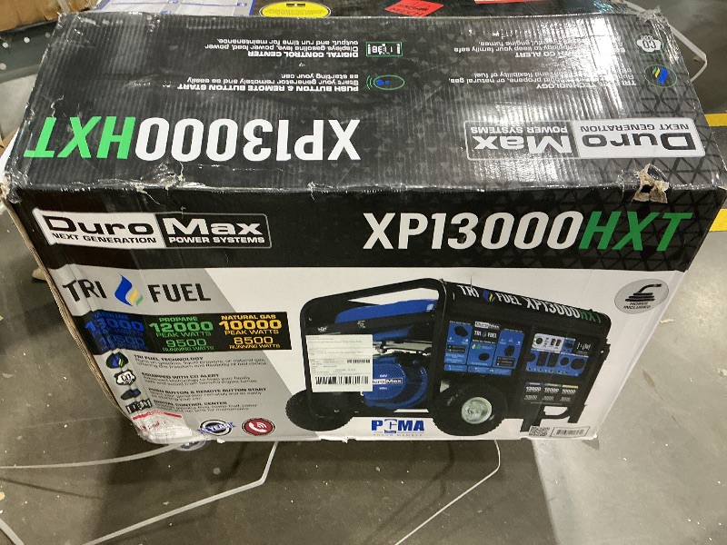 Photo 1 of DuroMax XP13000HXT 13,000-Watt 500cc Tri Fuel Gas Propane Natural Gas Portable Generator with CO Alert, Black/Blue