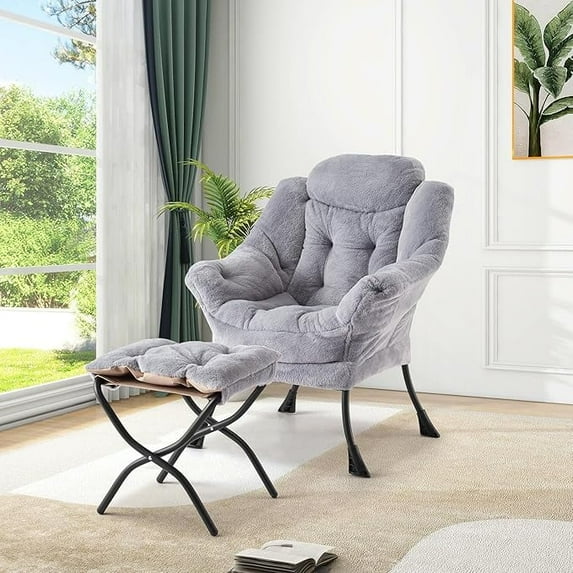 Photo 1 of *MINOR DAMAGE - USED*
Lazy Chair with Ottoman - 400lb Capacity Lounge Chair, Oversized Reading Armchair with Folding Footrest & Side Pocket, Comfortable Accent Chair for Living Room, Bedroom (Plush Grey)