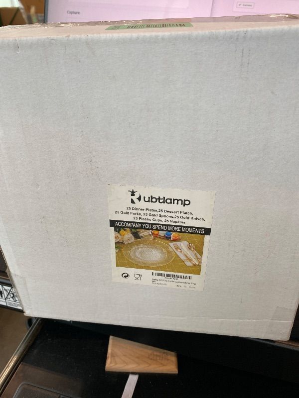 Photo 1 of *MISSING PARTS*
Rubtlamp 175 Pcs Plastic Dinnerware Set (25 Guests), Clear And Gold Plastic Plates, Hammered Party Plates Include Dinner Platos, Dessert Platos, Cups, Gold Cutlery Set And Napkins for Christmas