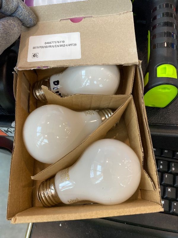Photo 1 of ***MISSING ONE*** PHILIPS LED 60W A19 4-Pack Ultra Definition Soft White (2200K) 800 Lumen (8W=60W) Dimmable Flicker Free Light Bulbs