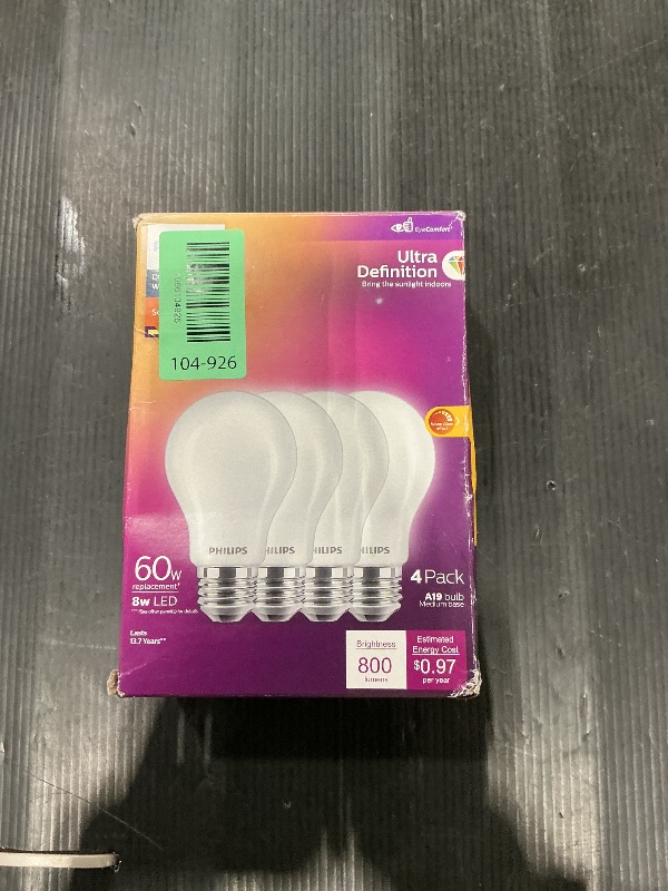 Photo 1 of ***MISSING ONE*** PHILIPS LED 60W A19 4-Pack Ultra Definition Soft White (2200K) 800 Lumen (8W=60W) Dimmable Flicker Free Light Bulbs