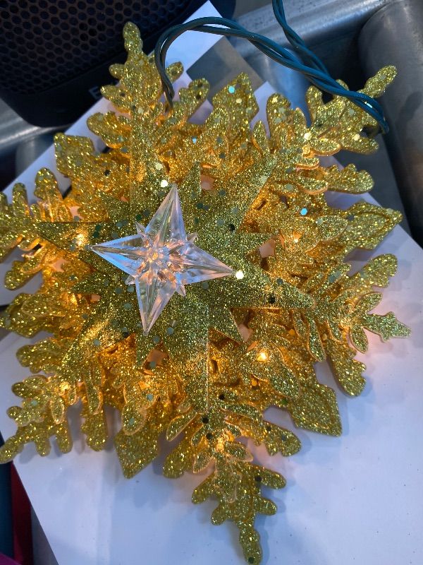 Photo 1 of **MAJOR DAMAGE**
Brizled Lighted Tree Topper, 9.25’’ Gold Glitters Plated Snowflake Christmas Tree Topper with 20 Count Warm White Lights, UL Listed Plugin Xmas Treetop for Xmas Home Holiday Decorations